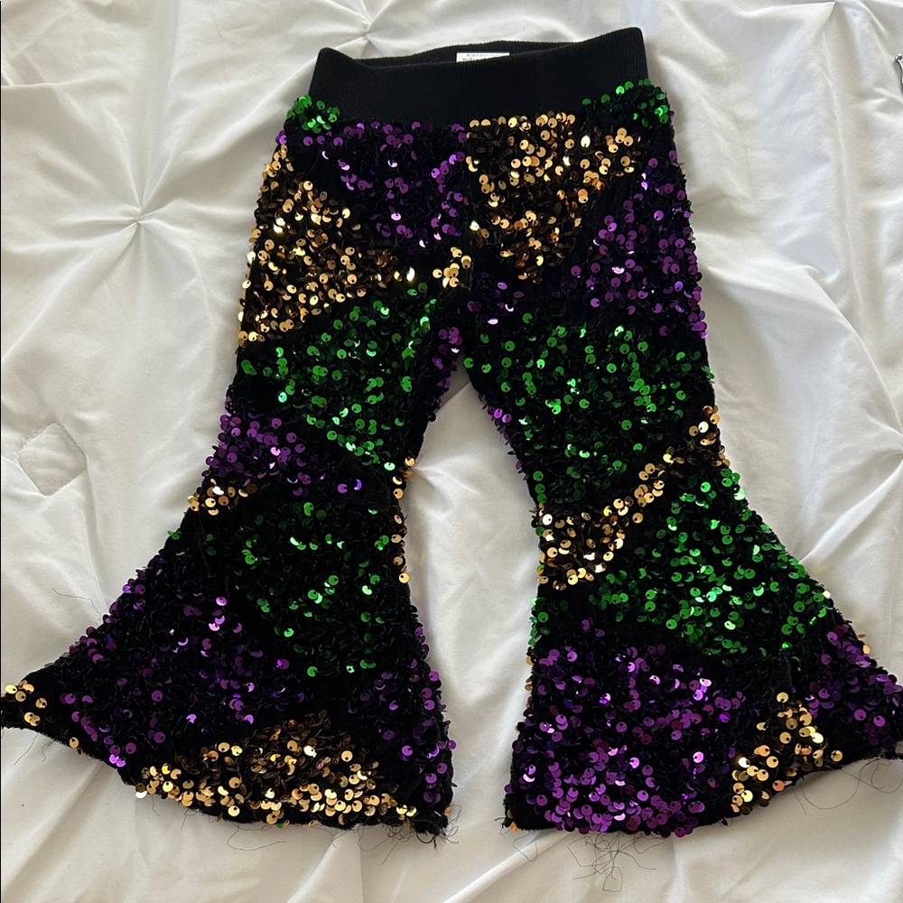 Girls' Mardi Gras Black Sequin Flared Bottoms with Purple, Green & Gold Accents